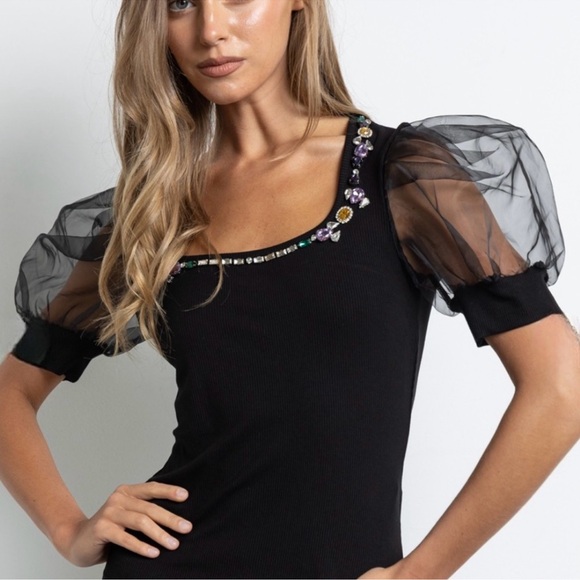 New Sheer Puff Sleeve Embellished Black Cropped Top - Picture 3 of 6